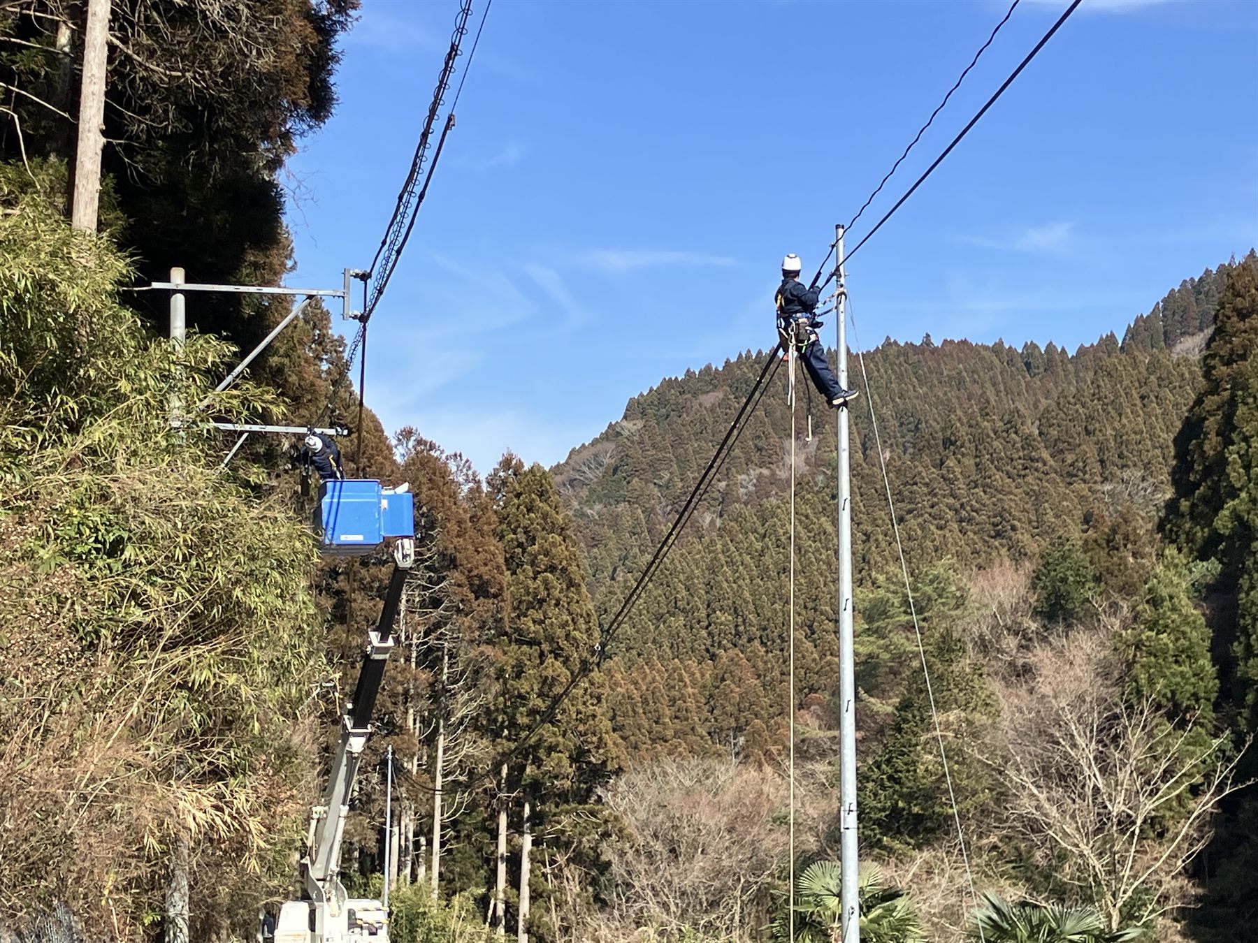 電柱上での光ケーブル作業